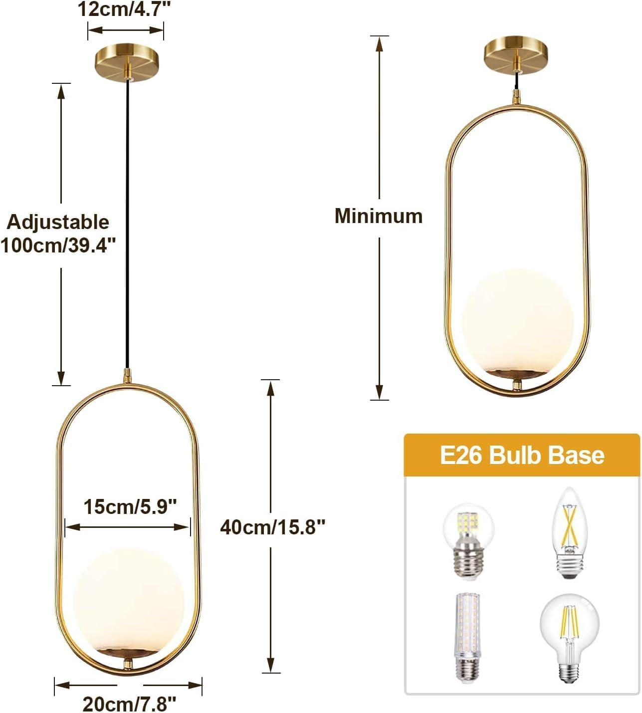 Modern 1-Light Glass Globe Pendant Light Fixture Gold and White Pendant Hanging Lamp Mid Century Minimalist Brushed Brass Pendant Lighting for Kitchen Island Bathroom (7.9”-Small)